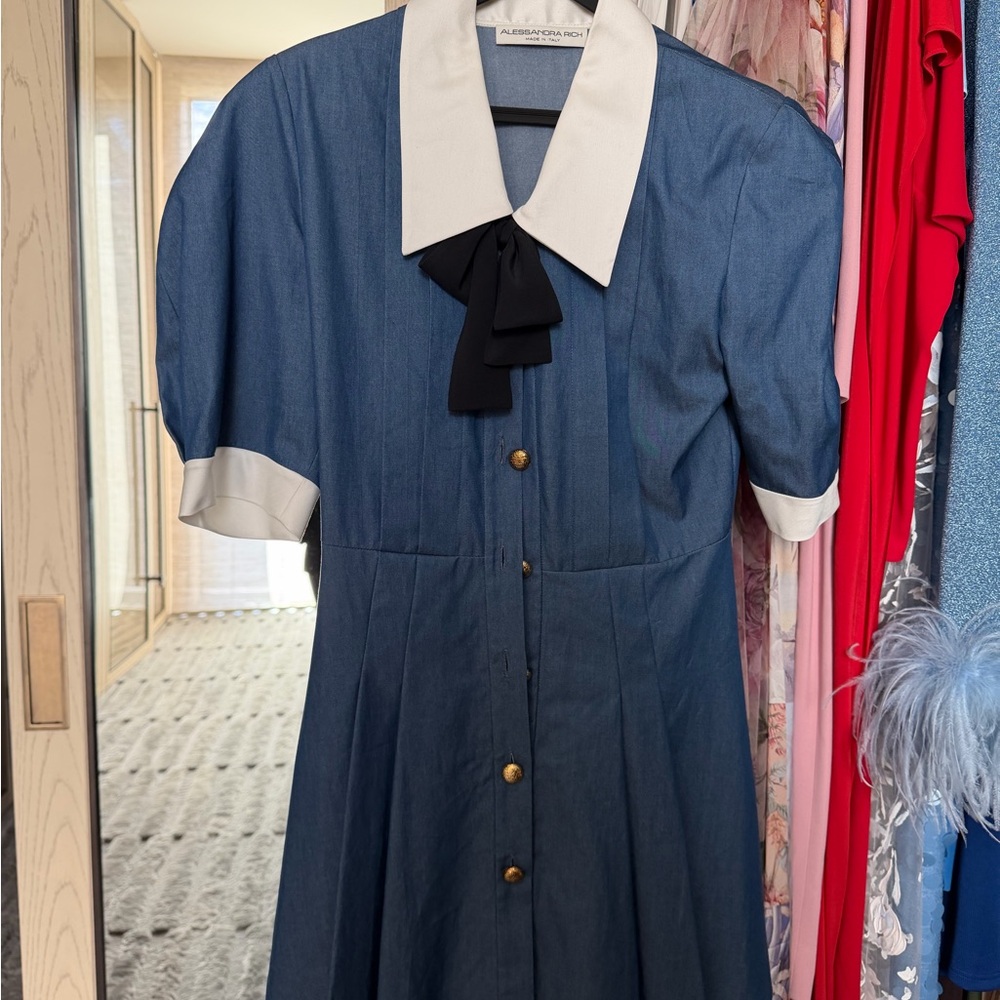 Alessandra Rich Elegant Blue and White Mini Bow Dress